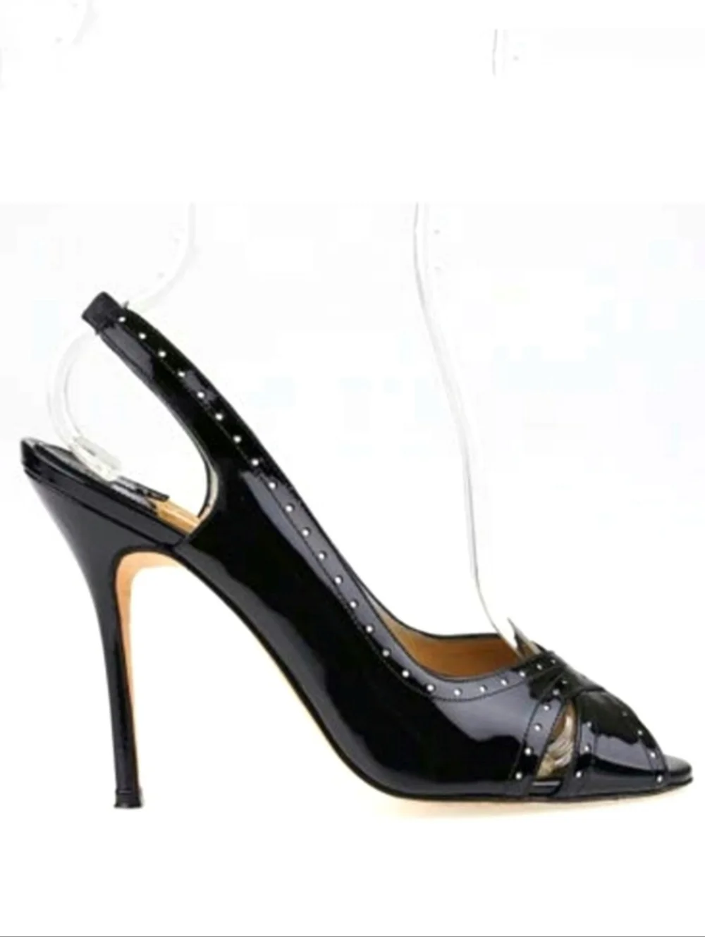 MANOLO BLAHNIK Slingback Sandals Black Perforated Patent Size 39 Peep Toe Pump - Picture 1 of 13